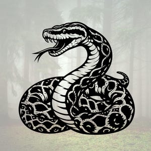 May include: A black and white illustration of a snake with its mouth open, showing its fangs. The snake is coiled up in a defensive posture.