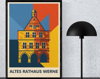 Retro Poster Old Town Hall Werne Digital Download Wall Art Vintage Architecture Print Historic Market Square NRW Münsterland Art