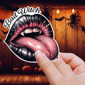 Adesivo Bad Witch – Adesivo labbra e lingua con effetto glitter per laptop, bottiglia, diario, streghe, ventagli gotici, look di Halloween