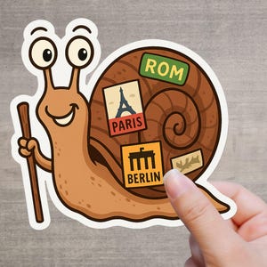 Adesivo de caracol engraçado com adesivos de viagem | Adesivo para atividades ao ar livre Caminhada – Roma Paris Berlim – Adesivo de vinil feito na Alemanha
