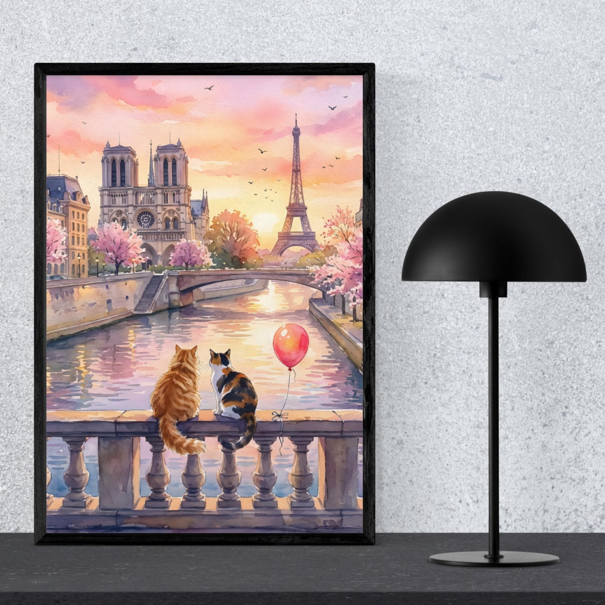 Poster Cats Paris Art Print Watercolor Wall Art Eiffel Tower Romantic ...