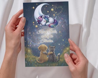 Condolence card for a stillborn child, sympathy card for a child, little soul sleep in peace, comfort card for loss, folded sympathy card A6, unicorn, dog, cat