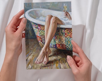 Bathtub Poster Woman with Champagne Art Print Bathroom Decor Colorful Tub Wall Art Relax Me Time Oil Painting Art Postcard Spa