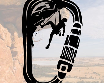 May include: Black and white silhouette of a rock climber ascending a cliff face, with a black carabiner in the shape of a D, with a rope attached to the climber.