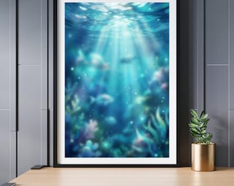 Ethereal Ocean Poster Digital - Underwater Sunbeams Download - Ocean Wall Art - Sea Decor - Blue Light Play - Tranquility - Maritime Art
