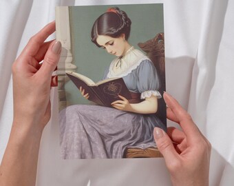 Vintage Poster Reading Woman Art Print Classic Art Postcard Book Lover Gift Dark Academia Wall Art Retro Portrait Reading