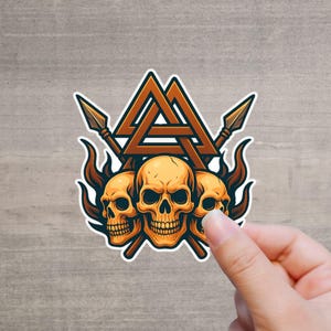 Autocollant Valknut avec crâne et lances | Mythologie nordique – Coloré – Découpe au contour – Autocollant Viking – 4,78 x 5 cm