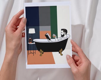 Bathroom Poster Man Bathtub Art Print Whiskey Reading Decor Guest WC Wall Art Retro Illustration Postcard Gift Man Bachelor Pad