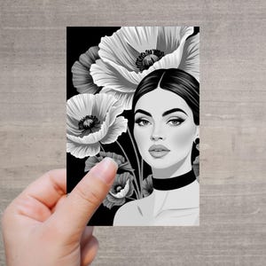 Monochrome Porträt Postkarte DIN A6 mit Blumen Illustration – Eleganter Kunstdruck auf mattem 230g Karton, beschreibbare Rückseite