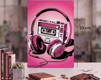Retro Tin Sign Cassette Headphones • 80s Pink Decor • Music Fan Gift • Vintage Walkman Wall Art • Synthwave Room Decor