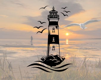 File SVG per plotter, faro, gabbiani marittimi, onde, costa, download digitale per progetto fai-da-te privato, Mare del Nord, Mar Baltico, motivo Cricut Silhouette