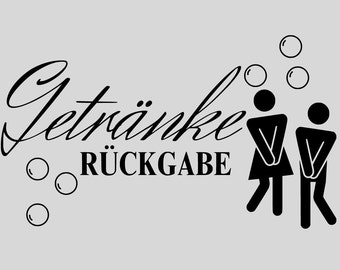 Könnte beinhalten: Schwarz-weißes Schild mit dem Text "Getränke Rückgabe" und zwei Strichmännchen, eine Frau und ein Mann, mit den Händen auf den Hüften.