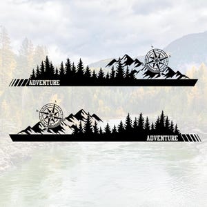 Adesivo in vinile montagne - foresta - bussola e testo personalizzato, adesivo per camper, decorazione per roulotte, adesivo per auto, decorazione per esterni e campeggio - COME SET!
