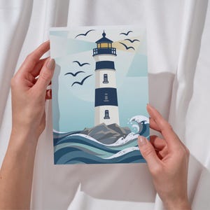Poster Lighthouse Sea Art Print Maritime Wall Art Waves Postcard Coast Seagulls Decor Bathroom North Sea Baltic Sea Gift Navigation