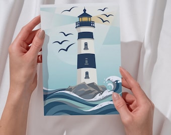 Poster Lighthouse Sea Art Print Maritime Wall Art Waves Postcard Coast Seagulls Decor Bathroom North Sea Baltic Sea Gift Navigation