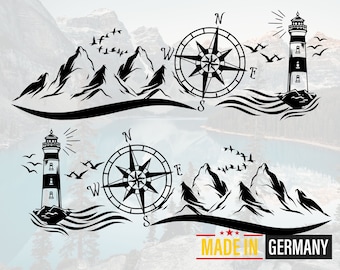 Könnte beinhalten: Schwarz-weiß-Illustration eines Leuchtturms, Kompasses und Bergen mit dem Text "MADE IN GERMANY".