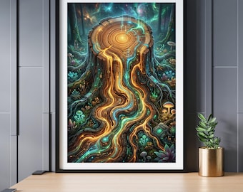 Bio Digital The Source Poster Digital - Glowing Tree Trunk Download - Circuits Wall Art - Cyberpunk Nature - Gaming Room - Glowing Tree