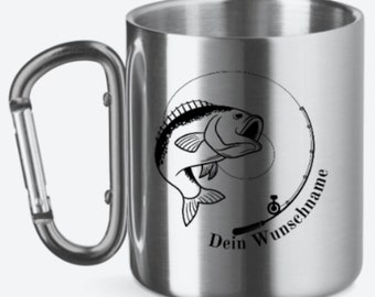 Cup for anglers personalized gift stainless steel cup with carabiner handle enamel cup angler gift for him personalized cup