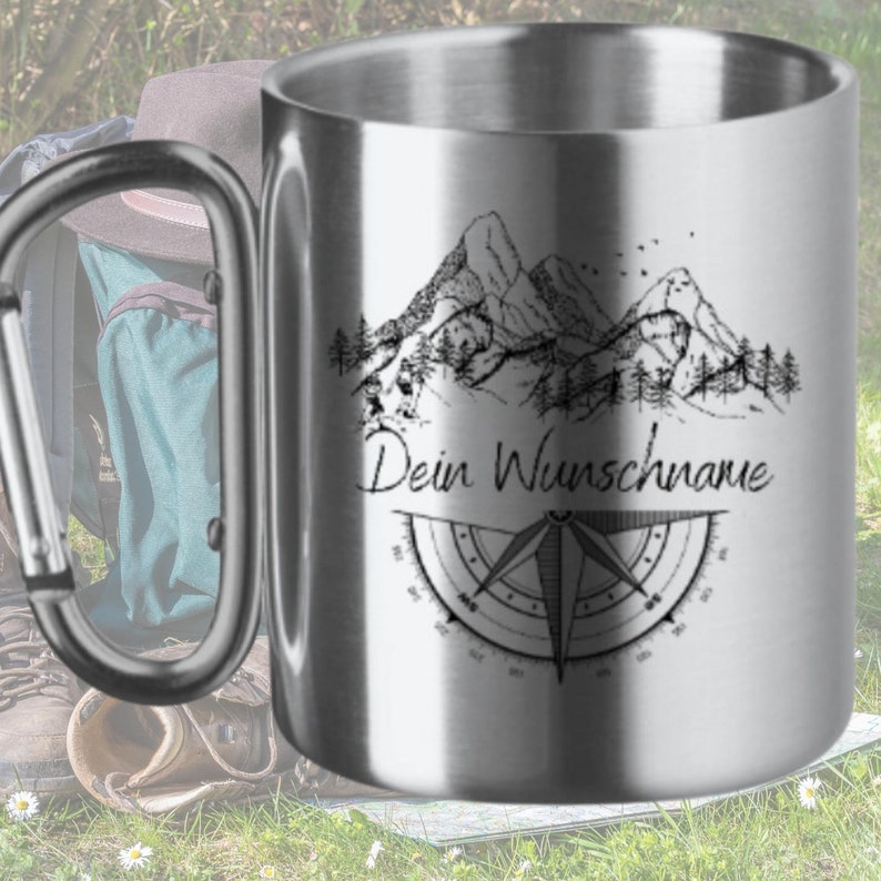 Personalized stainless steel cup with carabiner handle, hiking, mountain silhouette, camping, outdoor, compass in Silber