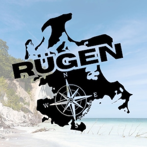 Silhouette Rügen vinyl sticker met kompas | Oostzee Decor | eiland liefde cadeau | Waterdicht en UV-bestendig | Voor auto, laptop en meer