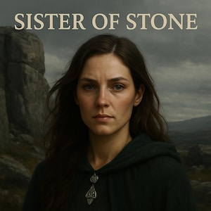 May include: A portrait of a woman with long brown hair, wearing a dark green hooded cloak with a silver pendant. The text "SISTER OF STONE" is displayed above her head against a backdrop of a cloudy sky and a rocky landscape.