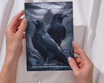 May include: A print featuring two black ravens perched on a stone surface, with a dark, cloudy sky background. The artwork includes the text "Hugin and Muninn, bearers of Odin's wisdom, soaring through realms unseen."