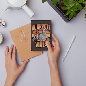 Postal "Vibraciones del Ruhrpott": Tarjeta A6 con una mina y una paloma | Diseño retro | Humor regional para enviar | Hecho en Alemania
