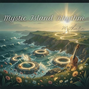May include: Digital art of a coastal landscape with the text "Mystic Island Rhythm" and "Mythara". The scene features ocean waves, glowing circular platforms, a violin, and a path leading to a bright light.