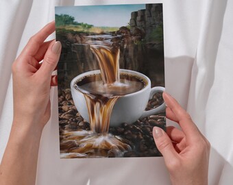 Coffee Waterfall Poster Art Print Surrealism Wall Art Kitchen Coffee Cup Postcard Magnet Decoration Barista Gift Nature Coffee Beans