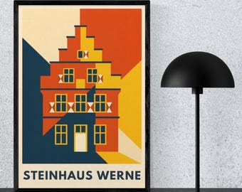 Retro Poster Stone House Werne Digital Download Wall Art Vintage Architecture Print Historic Old Town NRW Münsterland Art