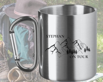Tasse personnalisée en acier inoxydable avec mousqueton - cadeau pour les randonneurs alpinistes - tasse nominative