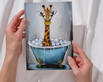 Funny poster giraffe bathtub bathroom decor art print guest toilet wall art humor animal portrait postcard children's room gift housewarming