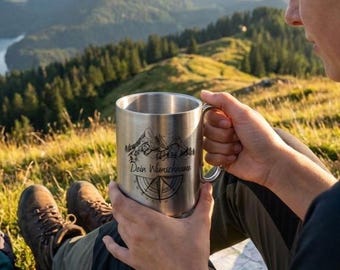 Personalized stainless steel mug with carabiner handle, hiking, mountain silhouette, camping, outdoor, compass