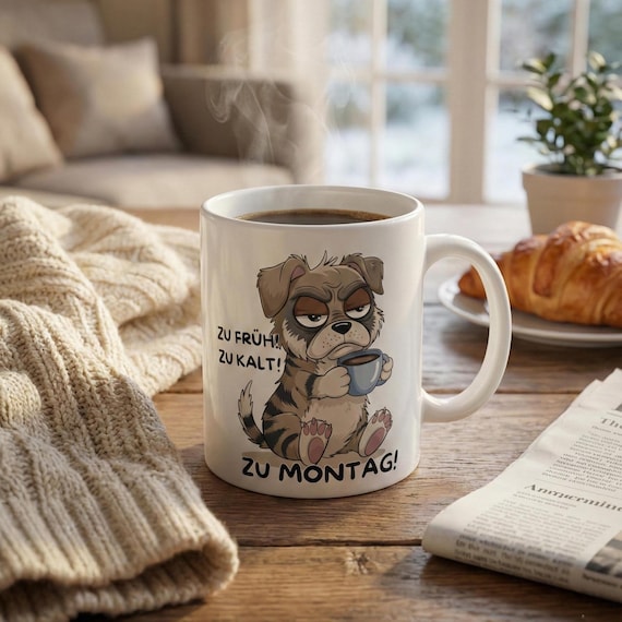 Lustige Tasse Hund, Zu früh zu kalt Spruch, Morgenmuffel Geschenk, Büro Tasse Kollege, Witzige Kaffeetasse Arbeit, Hundebesitzer Becher