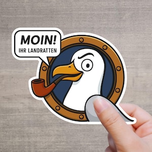 Autocollant Mouette – « Bonjour, terriens ! » – Autocollant vinyle maritime avec mouette amusante et sifflet dans le hublot – découpe de contour