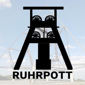 May include: A black silhouette of a mining headframe with the text "RUHRPOTTT" below it. The headframe is a symbol of the Ruhr Valley region in Germany, known for its industrial history.
