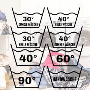 Peut inclure: Un ensemble de six icônes d'instructions de lavage avec différentes températures en degrés Celsius. Les icônes indiquent les températures de lavage recommandées pour le linge foncé et clair. Les icônes comprennent également un symbole de lavage à la main et un symbole de 90 degrés Celsius.