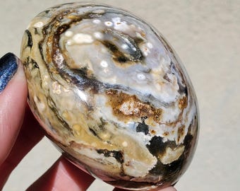 Ocean Jasper Kambaby Palmstone Orbicular Swirly w/ Druzy Crystal 202 Grams