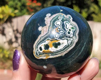 Esfera de cristal de jaspe oceánico Kambaby, rara, antigua, 260 gramos, 60 mm