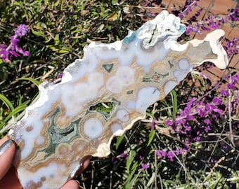 May include: A polished, irregularly shaped stone slab with a unique pattern. The stone features concentric circles and swirls in shades of white, brown, and green. The edges are rough and natural, showcasing the stone's organic form.