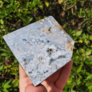 May include: A polished, square-shaped ocean jasper stone with a light blue and white pattern. The stone has circular and speckled patterns with areas of brown and black. The edges are slightly rough, and the stone is held in a hand.