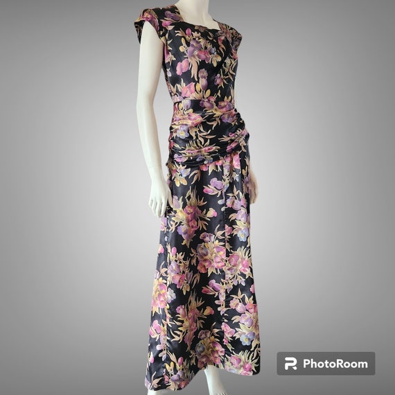 Vintage 1930s Satin Floral Gown with Bustle S - image 3