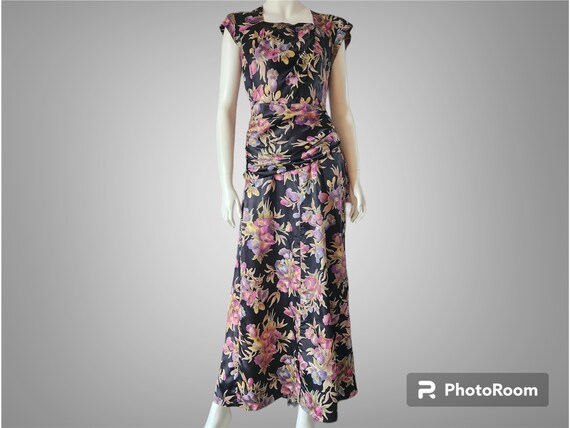 Vintage 1930s Satin Floral Gown with Bustle S - image 1