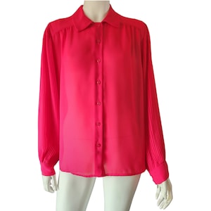 VINTAGE 80s Sheer Hot Pink Fuchsia Blouse M - L