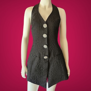 Vintage 80s Embossed Black Satin Halter Top / Mini Dress M