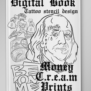 Könnte beinhalten: Schwarzweißes digitales Buchcover mit einem Tattoo-Schablonen-Design, das einen Comic-Charakter zeigt, der Geldbeutel hält, und ein Porträt von Benjamin Franklin mit den Worten "Hustle" und "Cream" auf seinem Gesicht. Der Text "Money C.r.e.a.m Prints" befindet sich am unteren Rand des Covers.