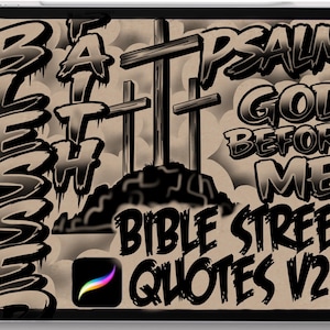 May include: Digital artwork featuring the words "Blessed," "Bath," and "Psalm God Before Me." The image includes three crosses on a hill, with the text "Bible Street Quotes V2" and a Procreate app icon.