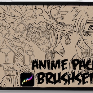 May include: Black and white line art illustration of four anime characters, including Goku, Saitama, Naruto, and a fourth character. The image is on a brown background with the text "Anime Pack Brush Set".