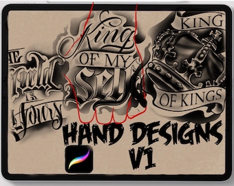 Op de afbeelding: Zwart-witte handgetekende tattoo-ontwerp met een kroon met de tekst "King of Kings" en de zin "King of My Self" met de woorden "The World Is Yours" op de achtergrond.