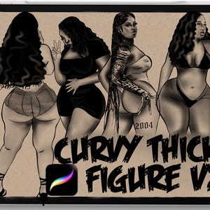May include: Digital illustration of four curvy figures in various outfits. The artwork is in sepia tones, with the figures standing in different poses. Text at the bottom reads "CURVY THICK FIGURE V2" with a Procreate app icon.